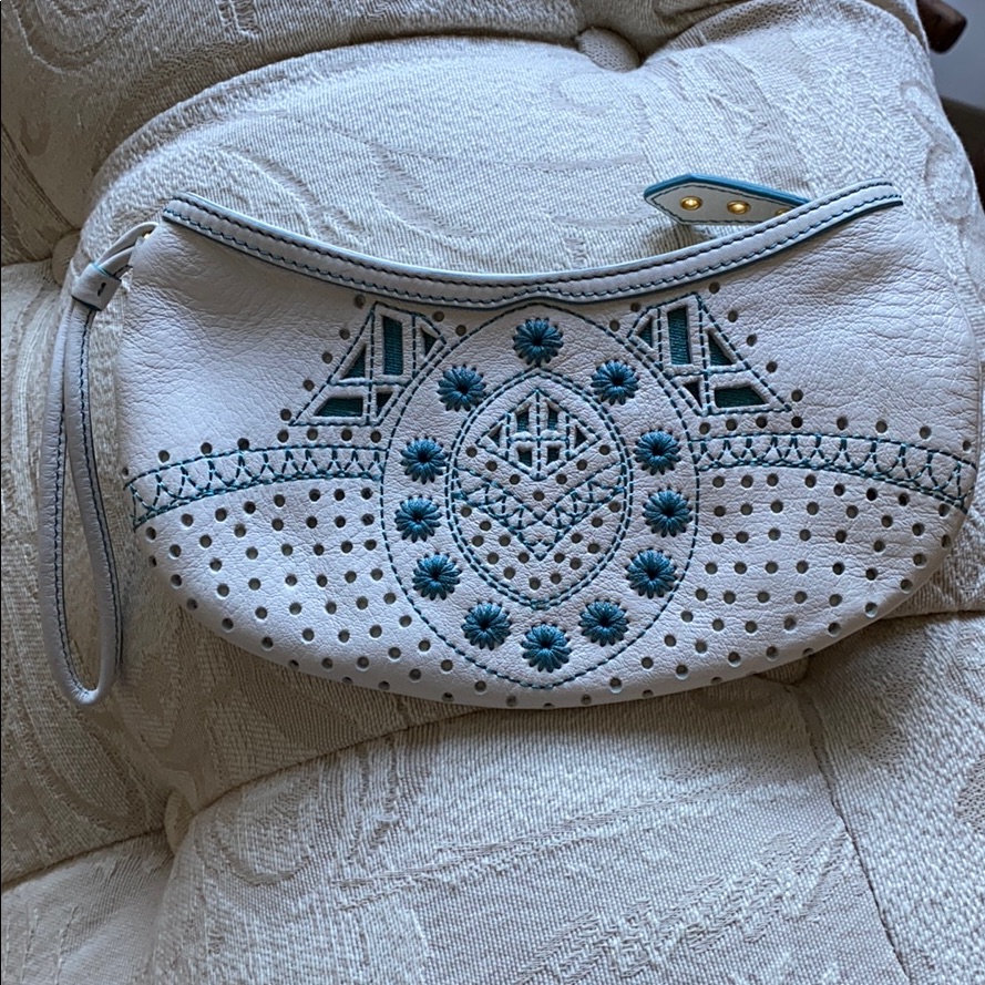 Cole Haan Off White Embroidered Leather Wristlet